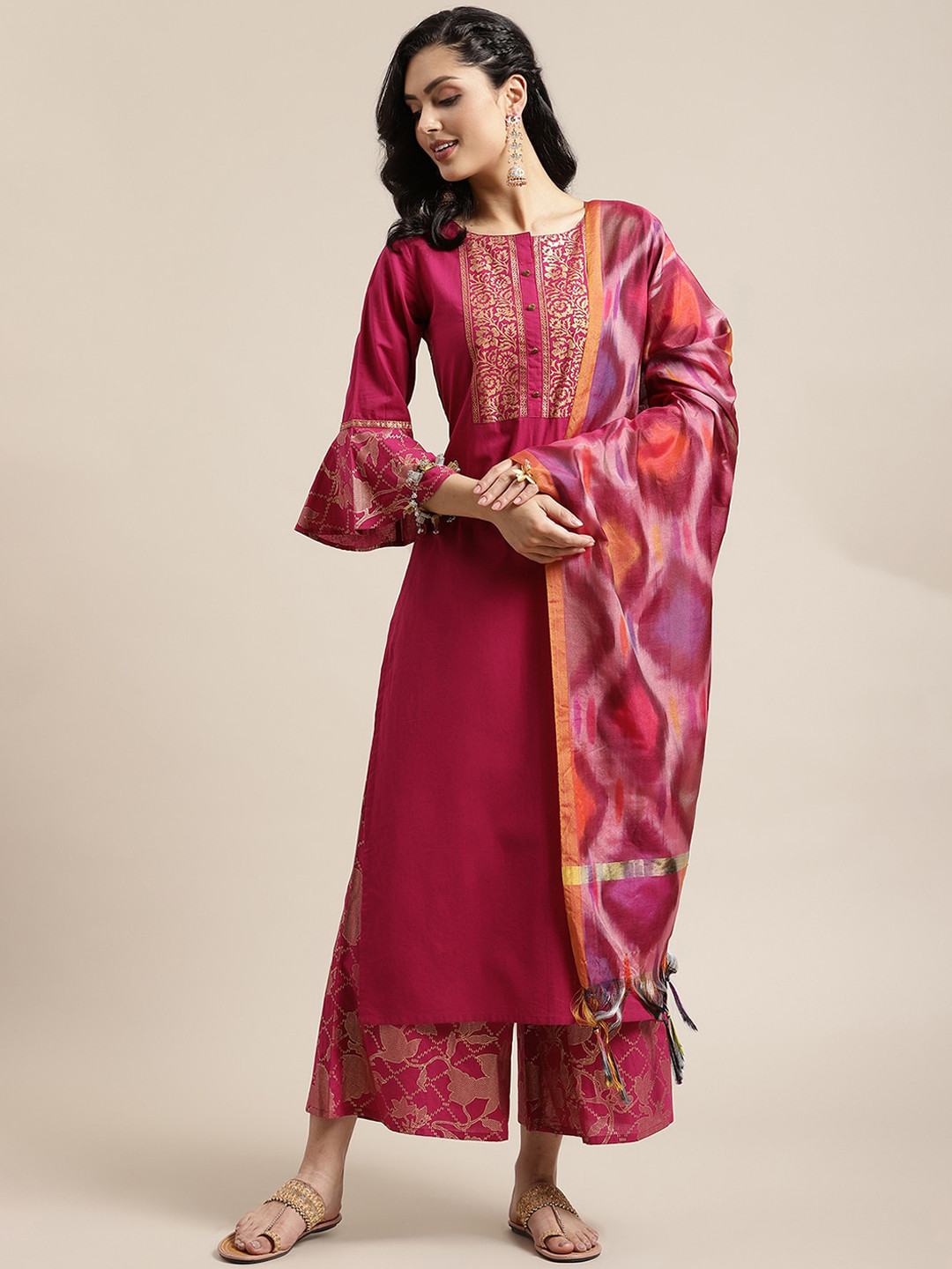 

KSUT Women Magenta Ethnic Motifs Yoke Design Layered Pure Cotton Kurta with Palazzos & With Dupatta