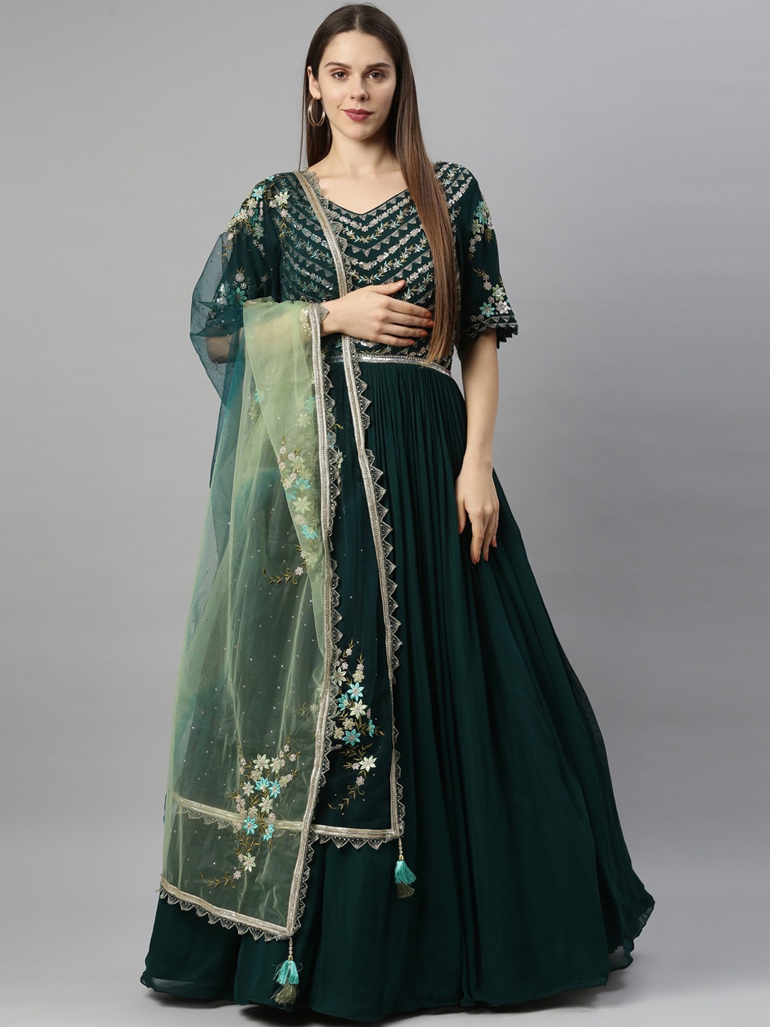 

Neerus Green Ethnic Motifs Georgette Ethnic Maxi Dress with Dupatta