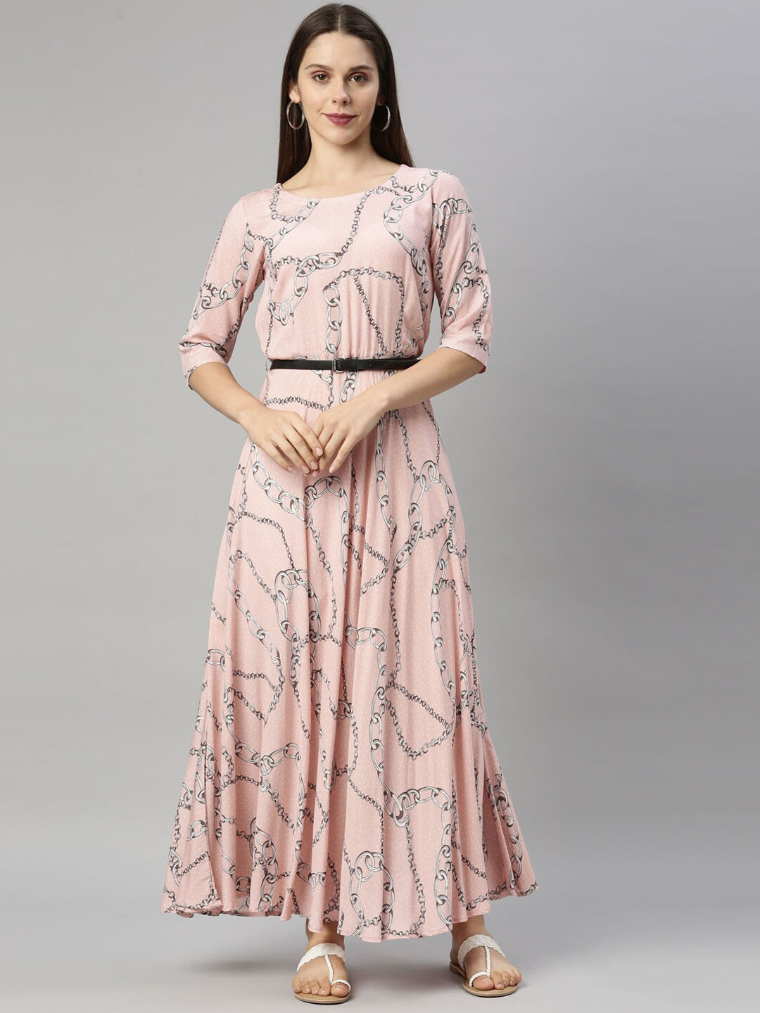 

Neerus Peach-Coloured & Grey Maxi Dress