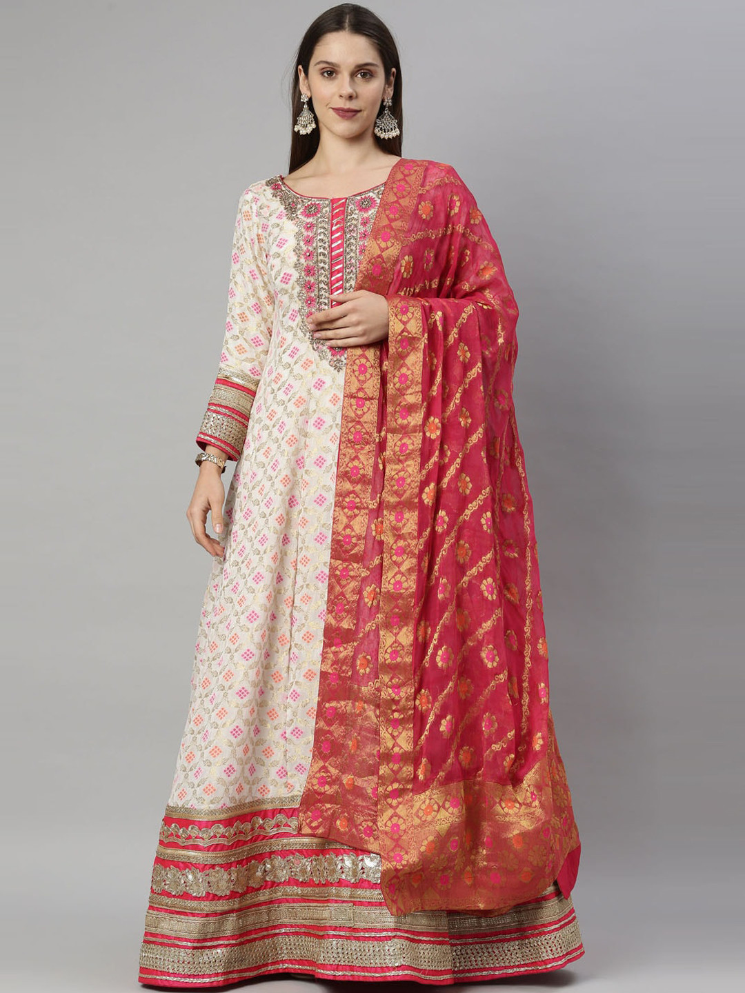 

Neerus Off White & Pink Ethnic Motifs Maxi Dress with Dupatta