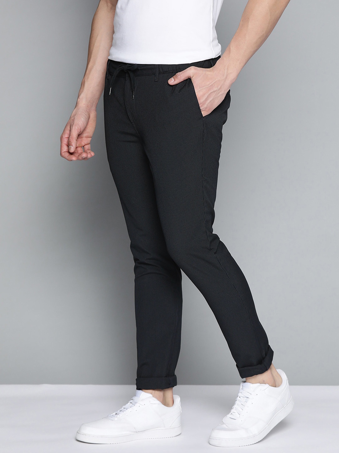 

Mast & Harbour Men Navy Blue Striped Trousers
