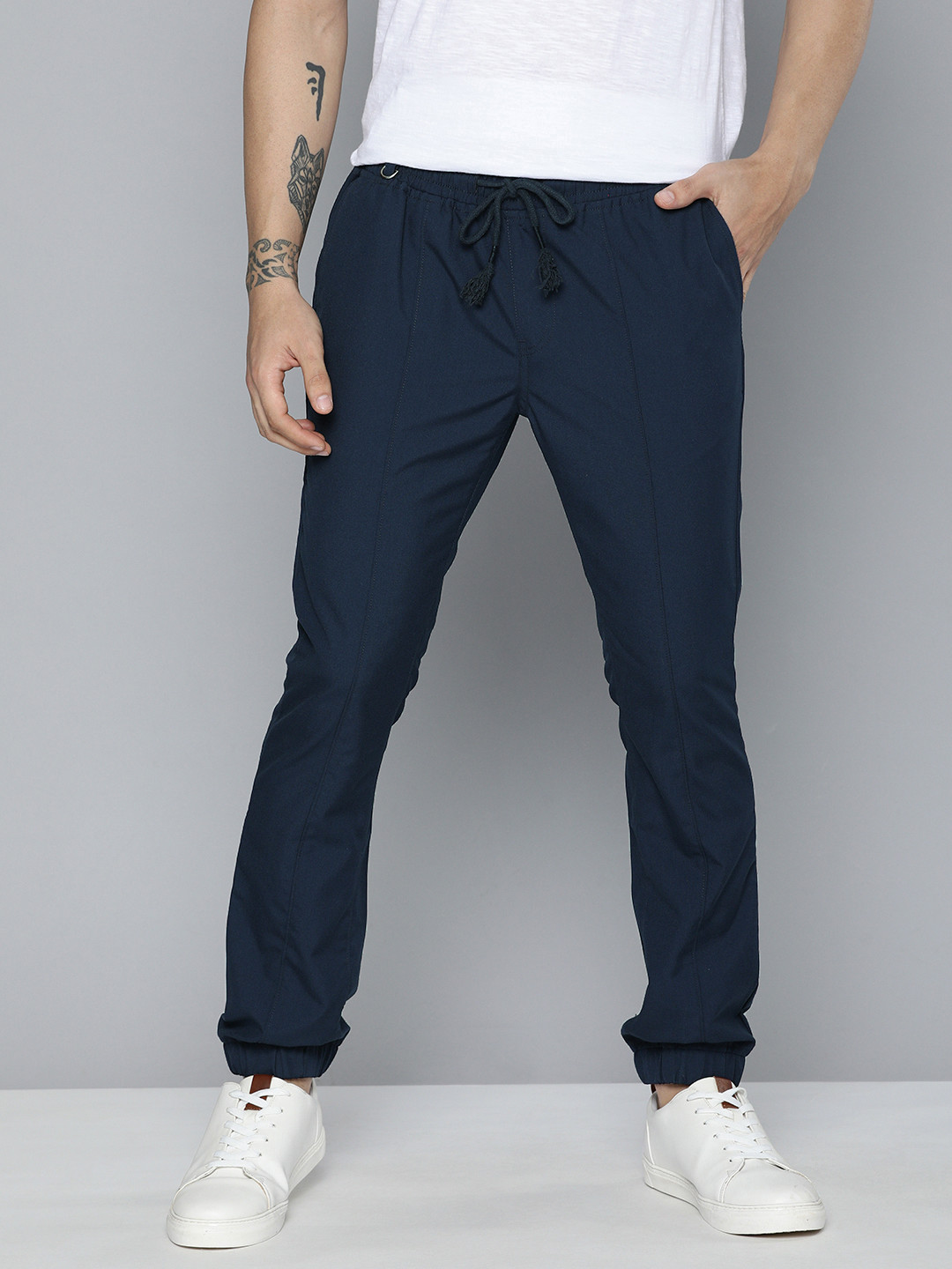 

Mast & Harbour Men Navy Blue Solid Joggers Trousers