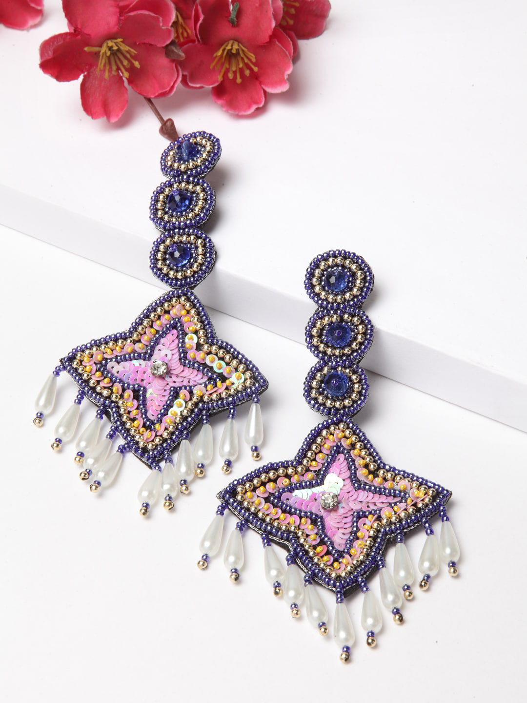 

Moedbuille Blue and Yellow Beads & Sequins Tasselled Handcrafted Earrings