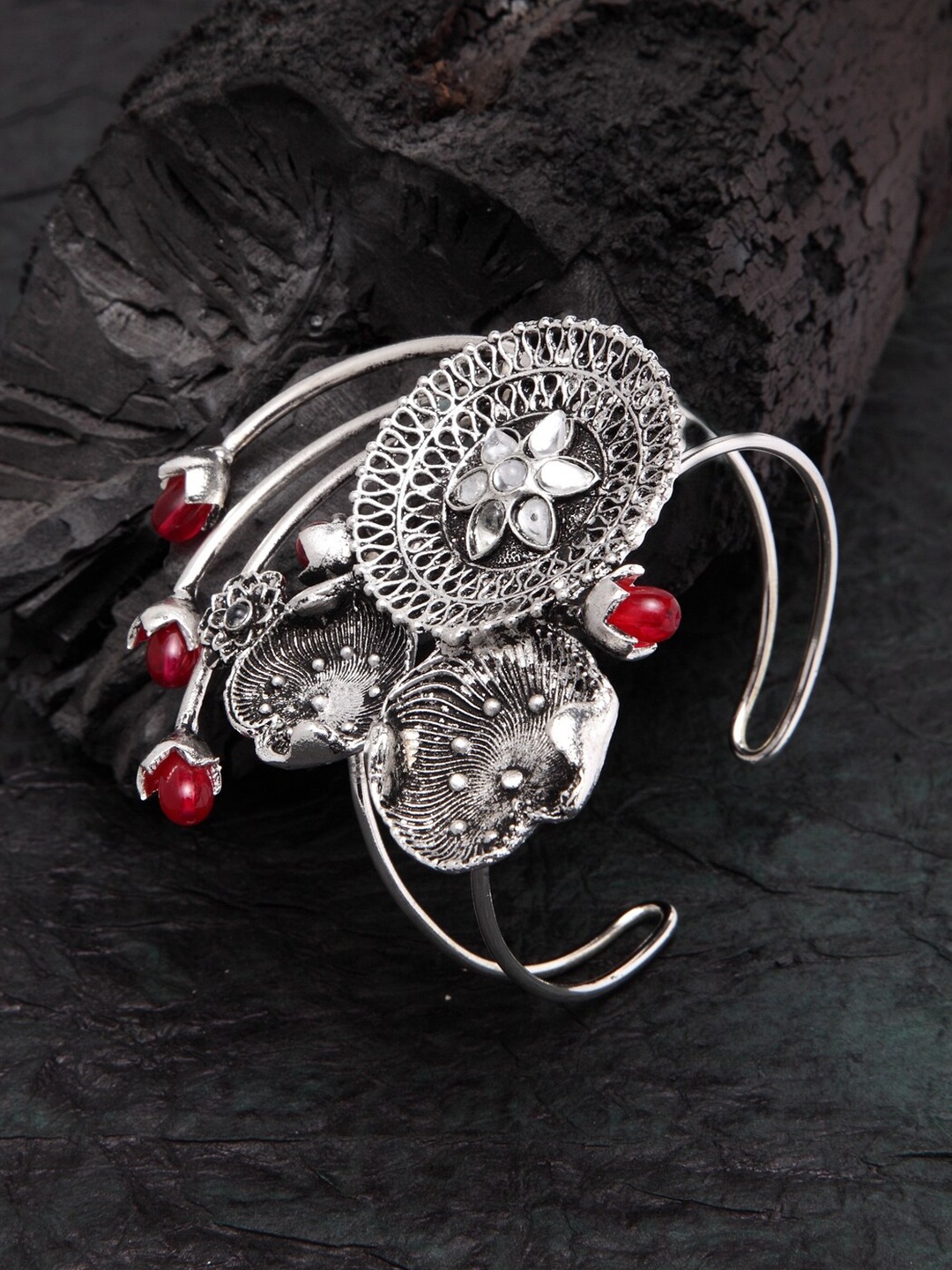 

Moedbuille Women Silver-Plated & Red Brass Crystals Oxidised Cuff Bracelet