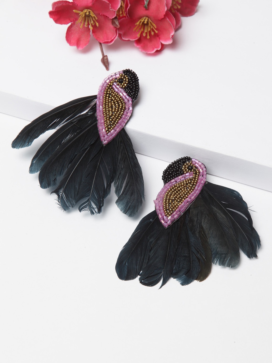

Moedbuille Black Beads & Feathers Contemporary Design Peacock Shape Handcrafted Earrings