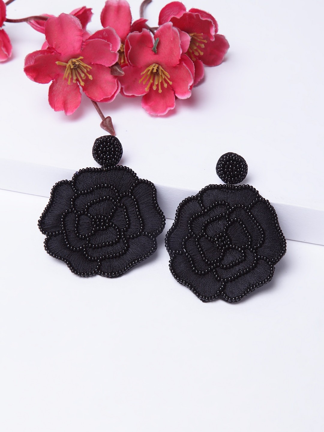 

Moedbuille Black Beads Studded Floral Contemporary Design Embroidered Drop Earrings