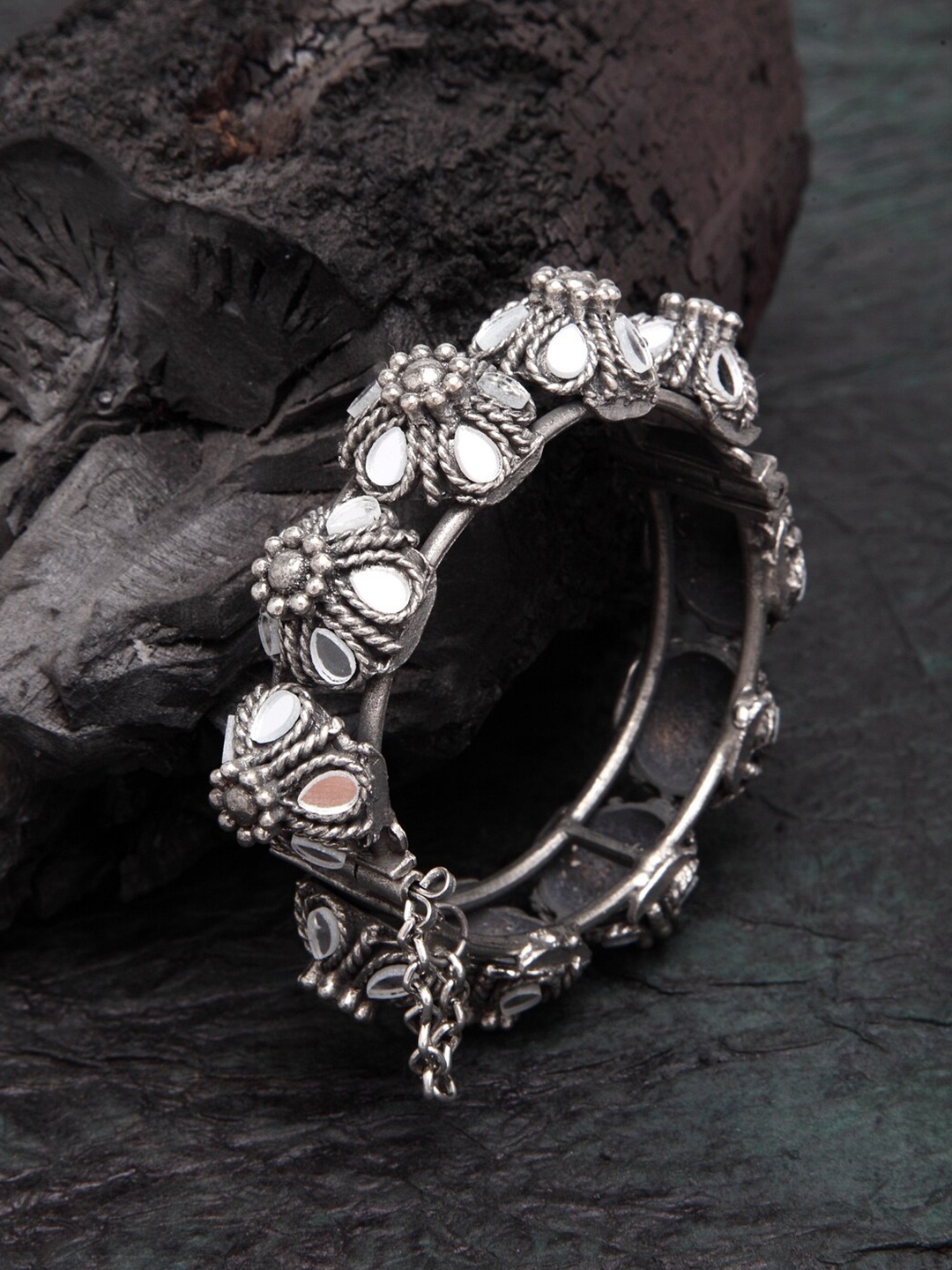 

Moedbuille Women Silver-Plated & White Crystals Mirror Handcrafted Bangle-Style Bracelet