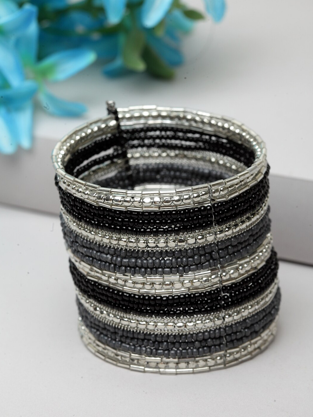 

Moedbuille Women Silver-Plated & Black Afghan Beaded Cuff Bracelet