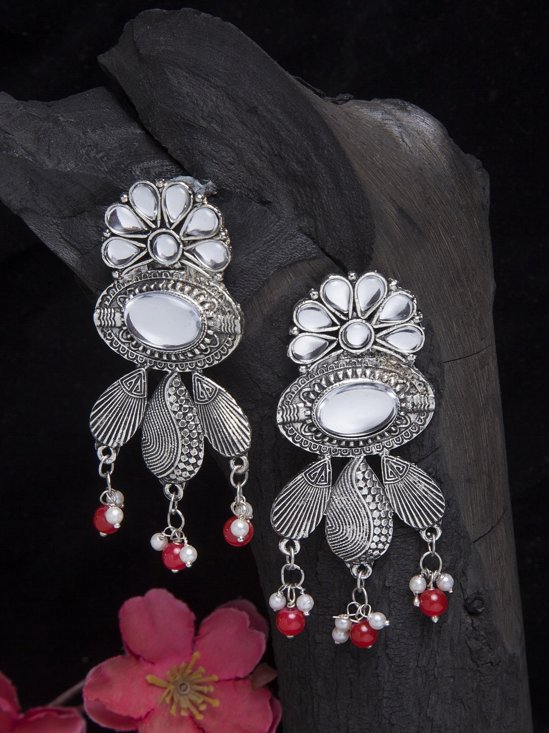 

Moedbuille Silver-Toned Mirror & Red Pearls Antique Floral Design Oxidised Earrings