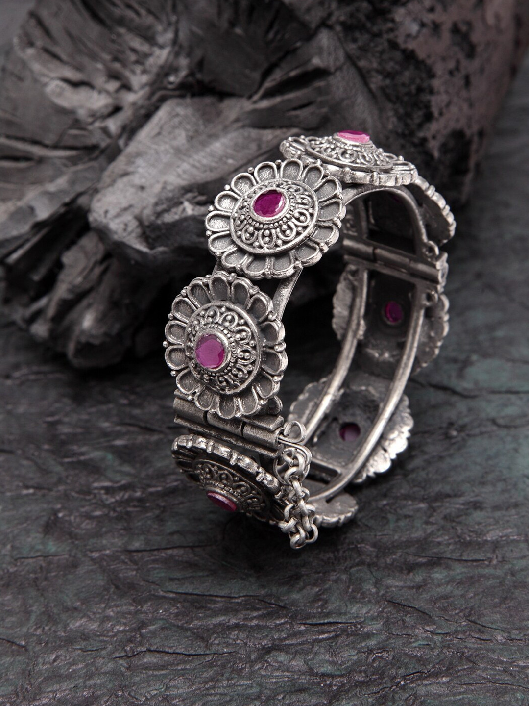 

Moedbuille Women Pink & Silver-Plated Brass Crystals Oxidised Bangle-Style Bracelet