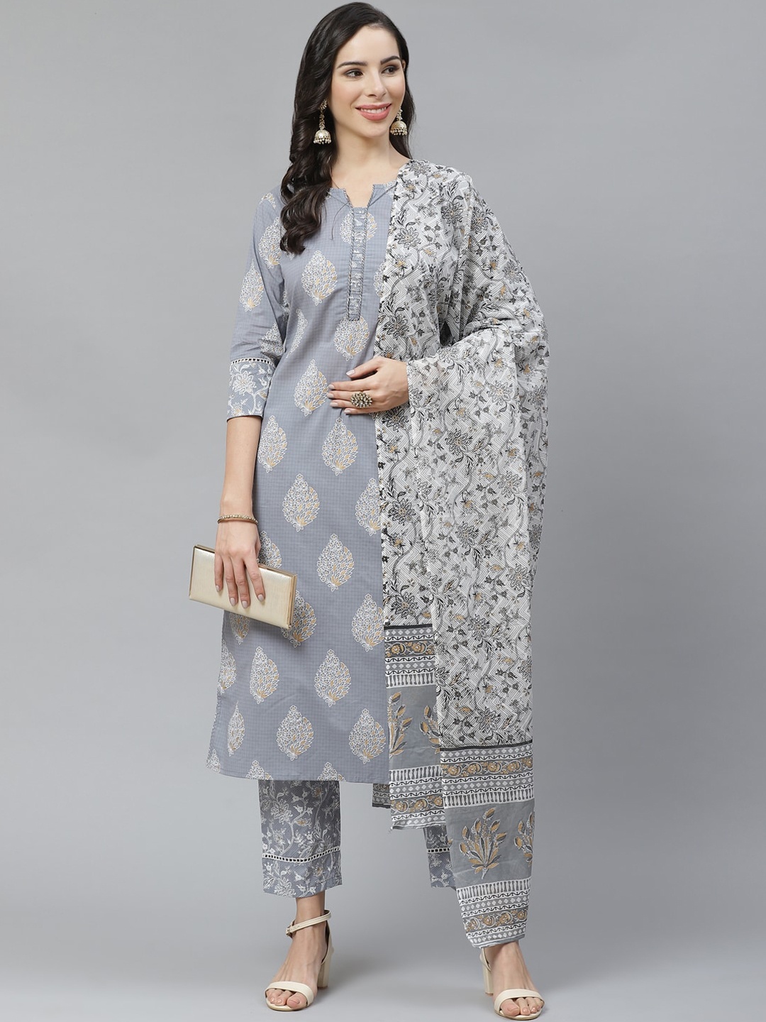 

Yuris Women Grey Ethnic Motifs Printed Regular Pure Cotton Kurta with Trousers & With Dupatta