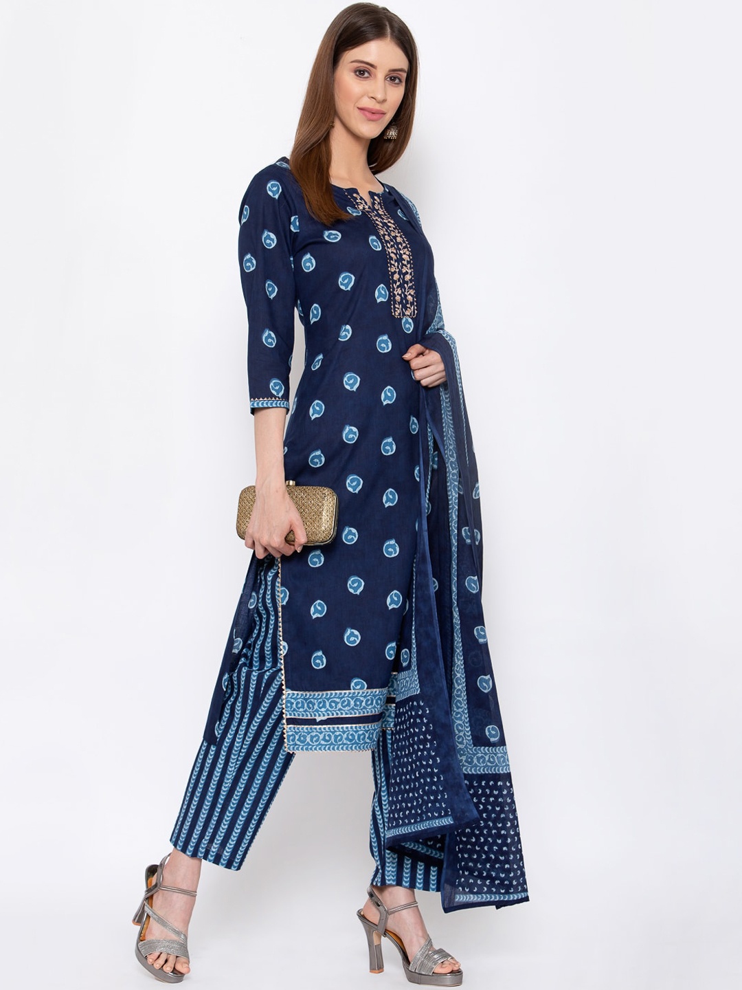

Yuris Women Navy Blue Printed Regular Pure Cotton Kurta with Trousers & With Dupatta