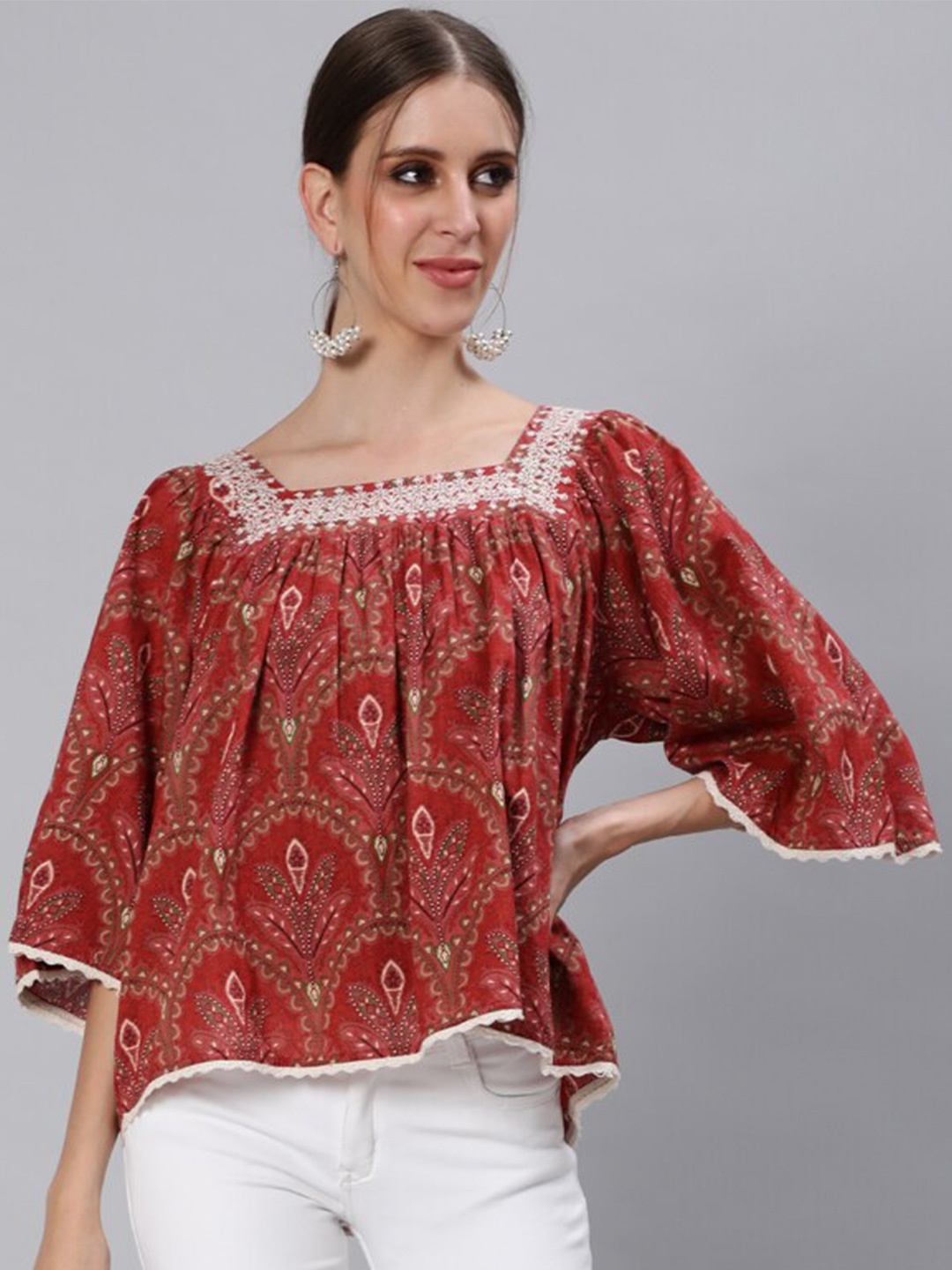 

Ishin Rust Printed Pure Cotton A-Line Top
