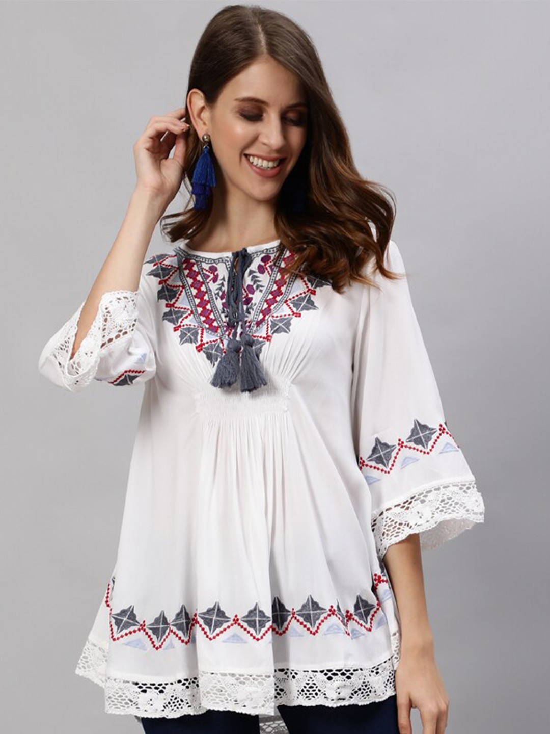 

Ishin White & Grey Embroidered A-Line Top