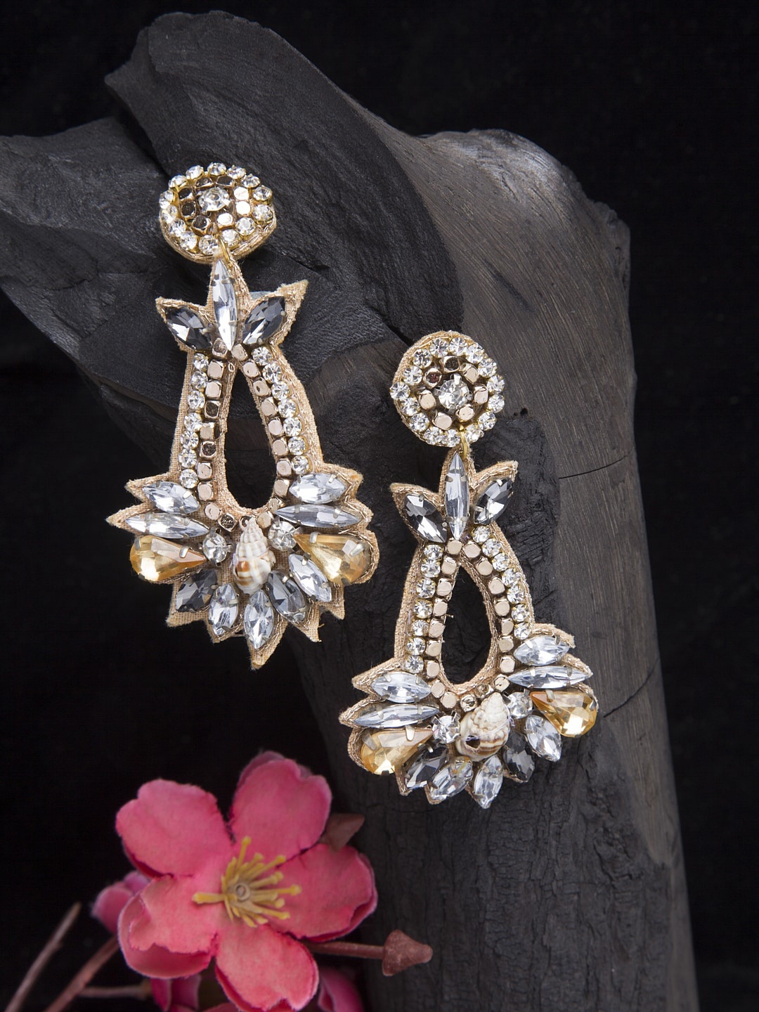 

Moedbuille Champagne & White Stone and Crystals Embellished Drop Earrings
