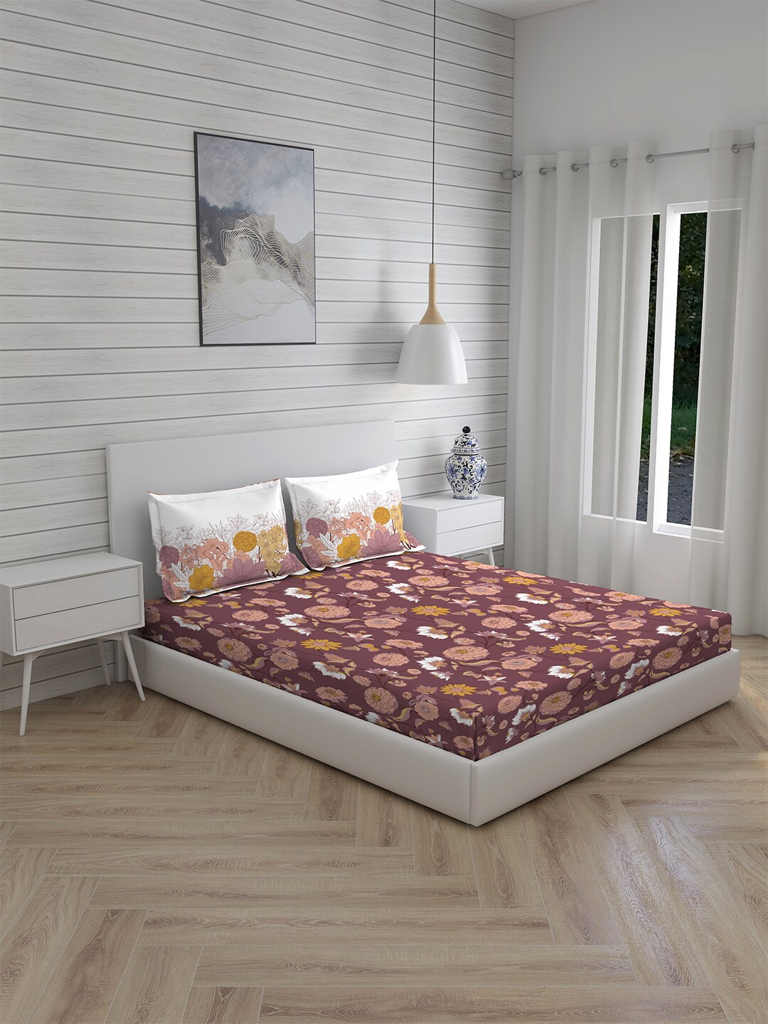 

Layers Brown & Yellow Floral 104 TC Queen Bedsheet with 2 Pillow Covers