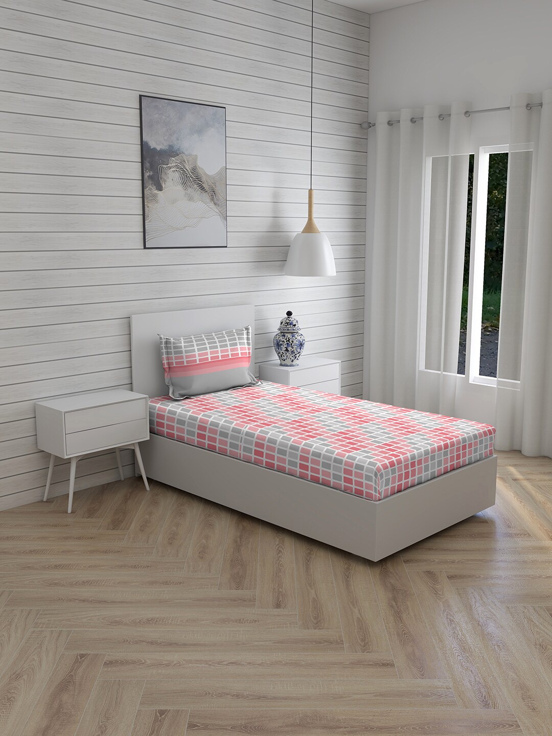 

Layers Pink & White Geometric 104 TC Queen Bedsheet with 1 Pillow Covers