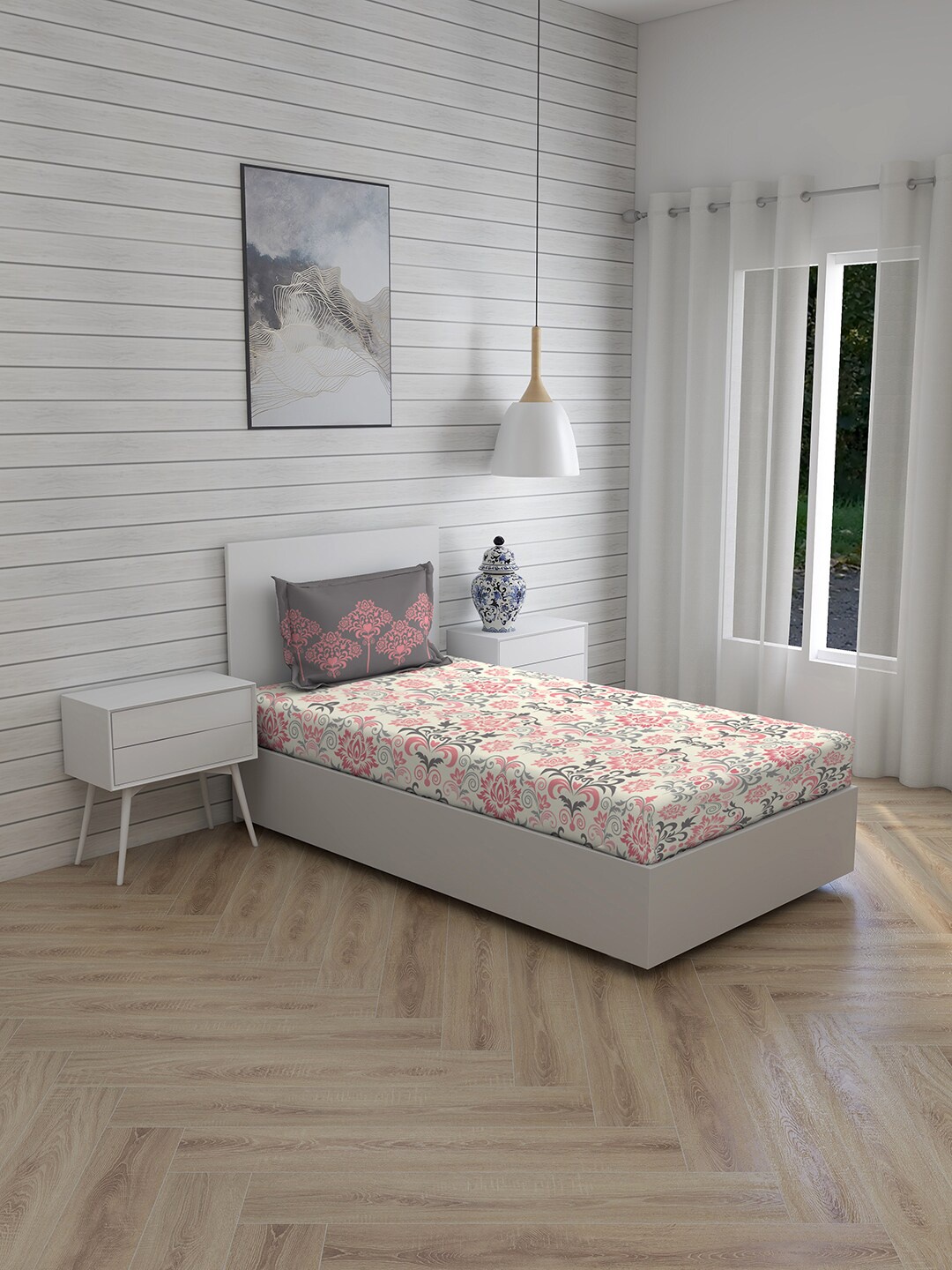 

Layers White & Pink Floral 104 TC Single Bedsheet with 1 Pillow Covers