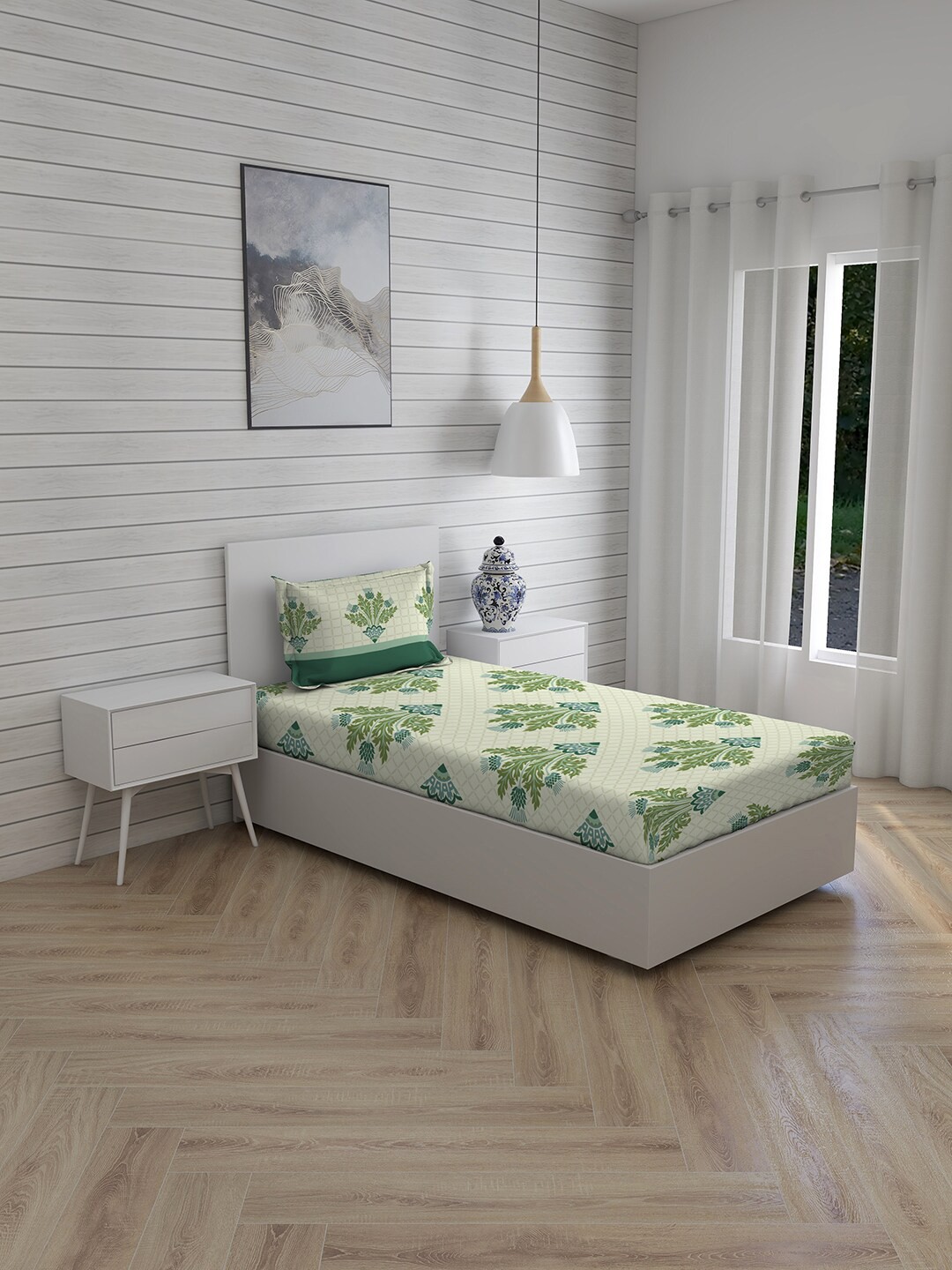 

Layers Green & Cream-Coloured Floral 104 TC Single Bedsheet with 1 Pillow Covers