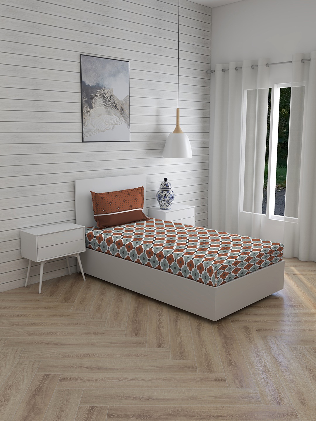 

Layers Brown & Grey Geometric 104 TC Cotton Single Bedsheet with 1 Pillow Covers