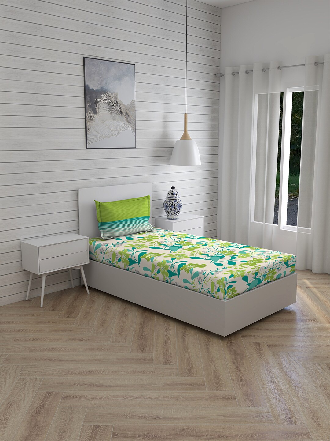 

Layers White & Green Floral 104 TC Cotton Single Bedsheet with 1 Pillow Covers
