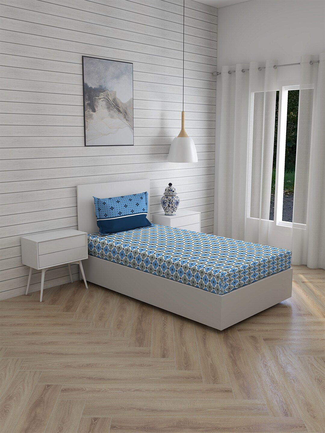 

Layers Blue & Grey Geometric 104 TC Cotton Single Bedsheet with 1 Pillow Covers