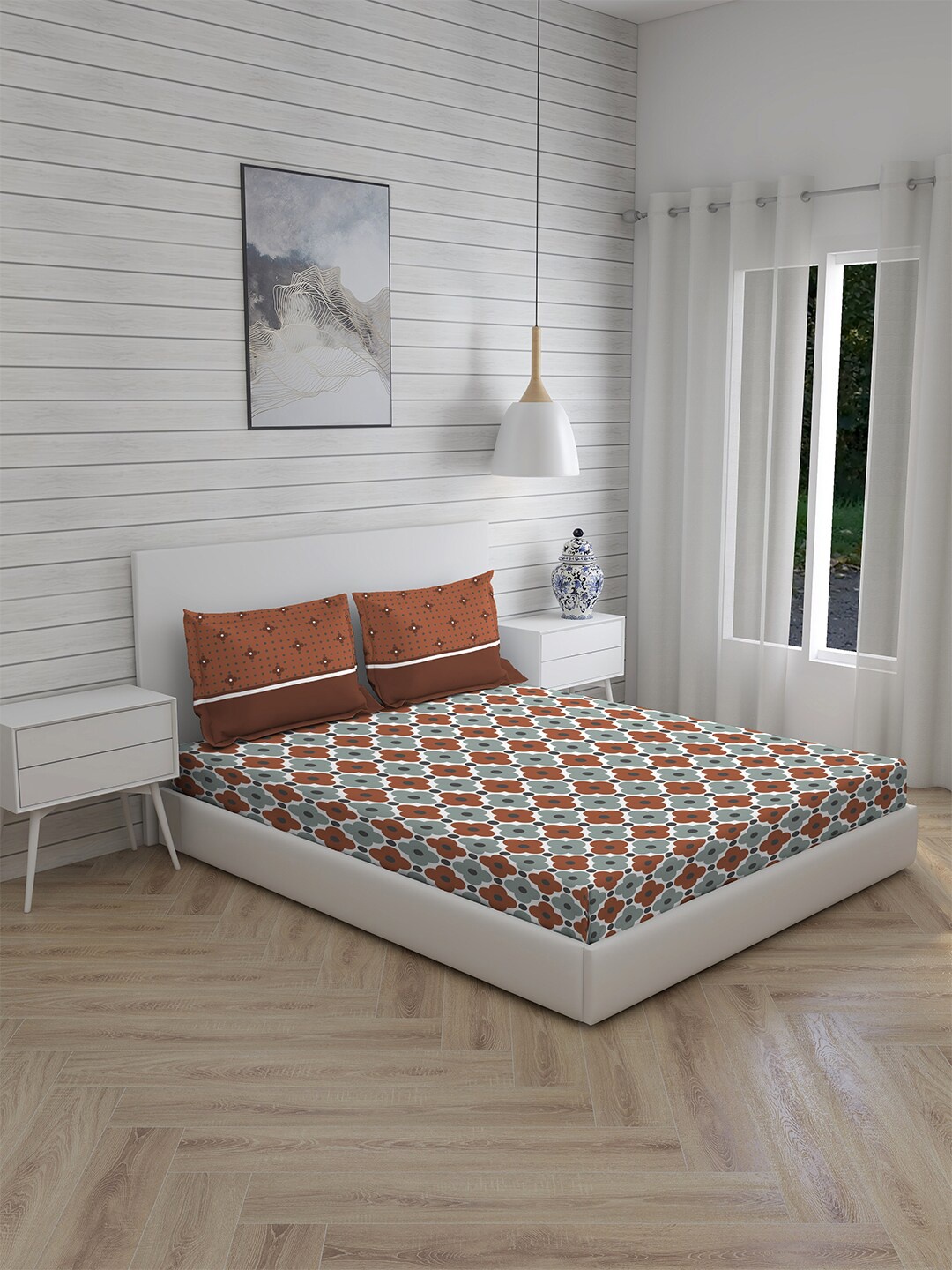

Layers Brown & Grey Floral 104 TC Cotton Queen Bedsheet with 2 Pillow Covers