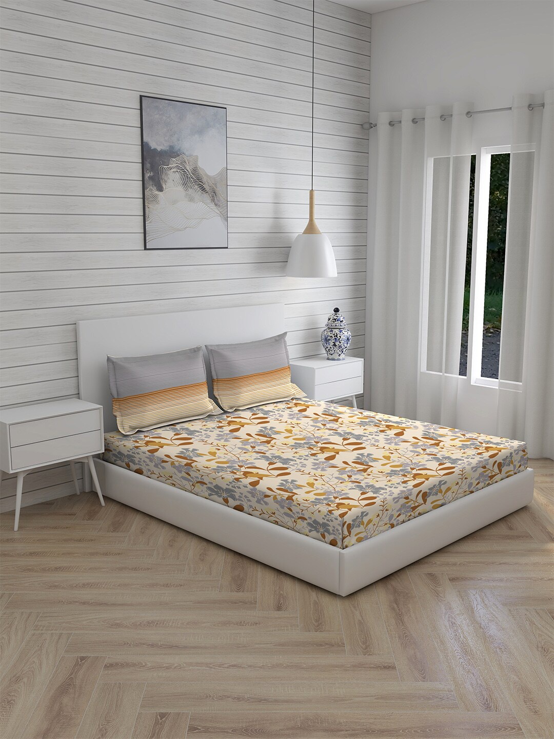 

Layers Brown & Grey Floral 104 TC Cotton Queen Bedsheet with 2 Pillow Covers