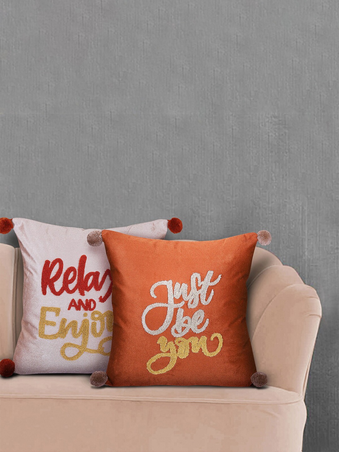 Home Centre Brown & Off White Set of 2 Embroidered Square Cushion Covers