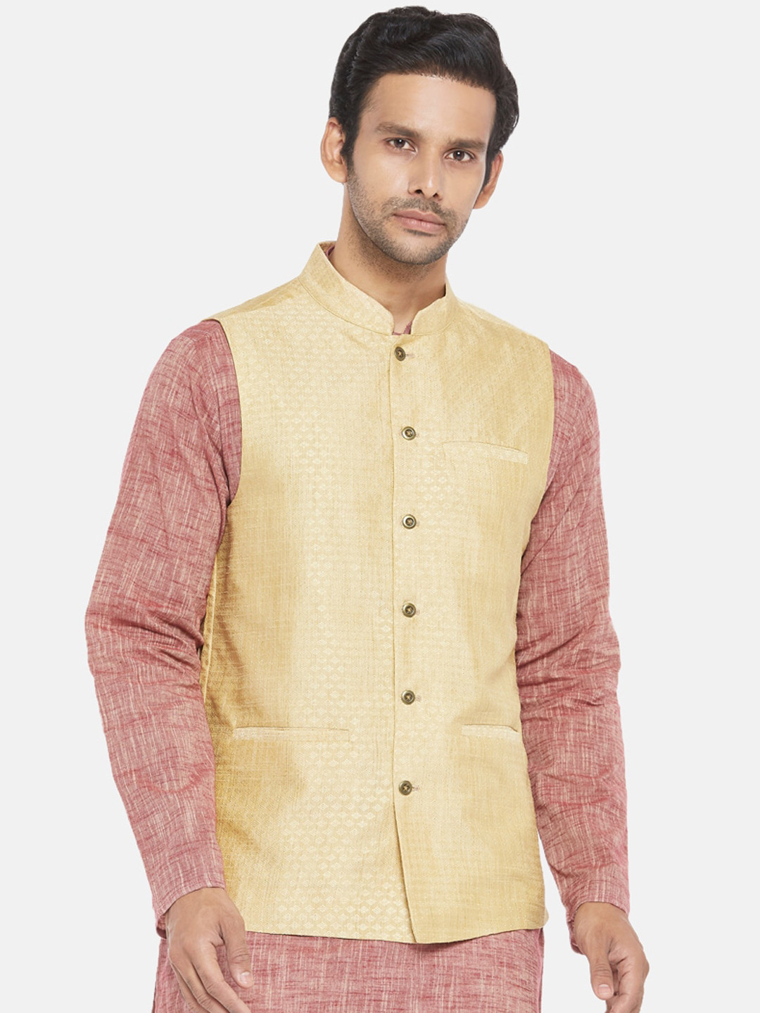 

indus route by Pantaloons Men Gold Woven Design Waistcoat