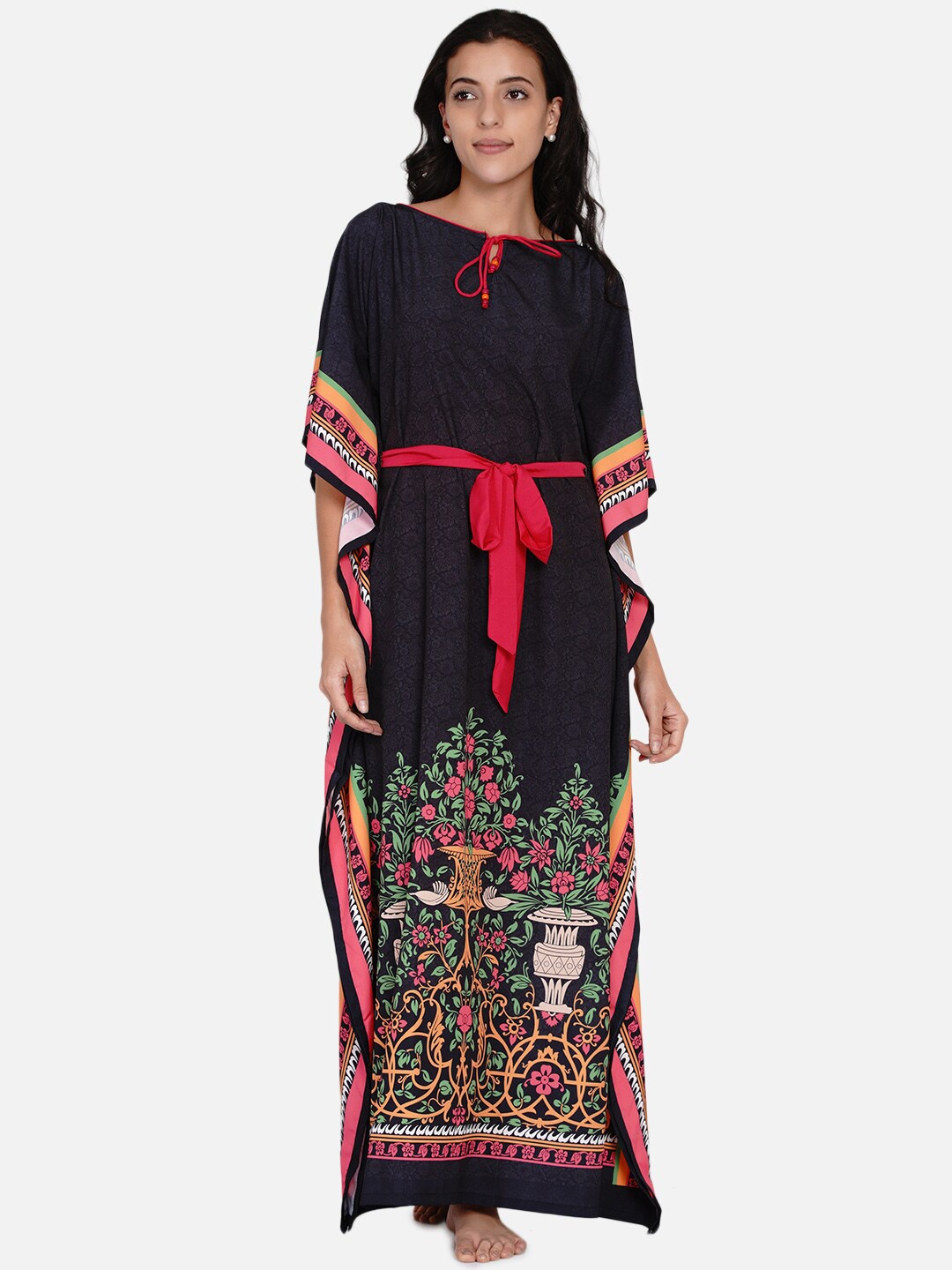 

The Kaftan Company Navy Blue & Pink Floral Printed Maxi Kaftan Nightdress