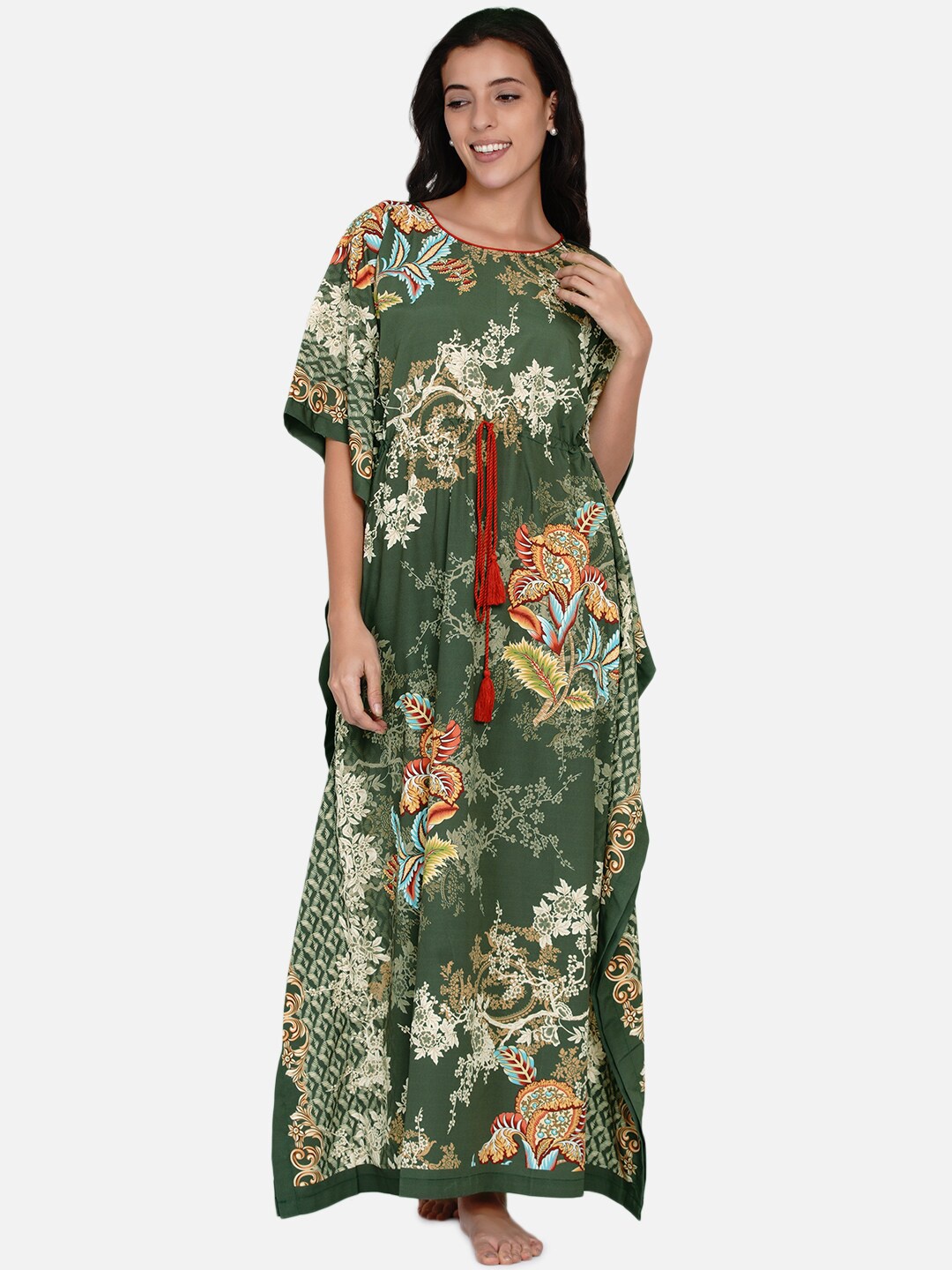 

The Kaftan Company Green & Beige Persian Floral Printed Maxi Kaftan Nightdress