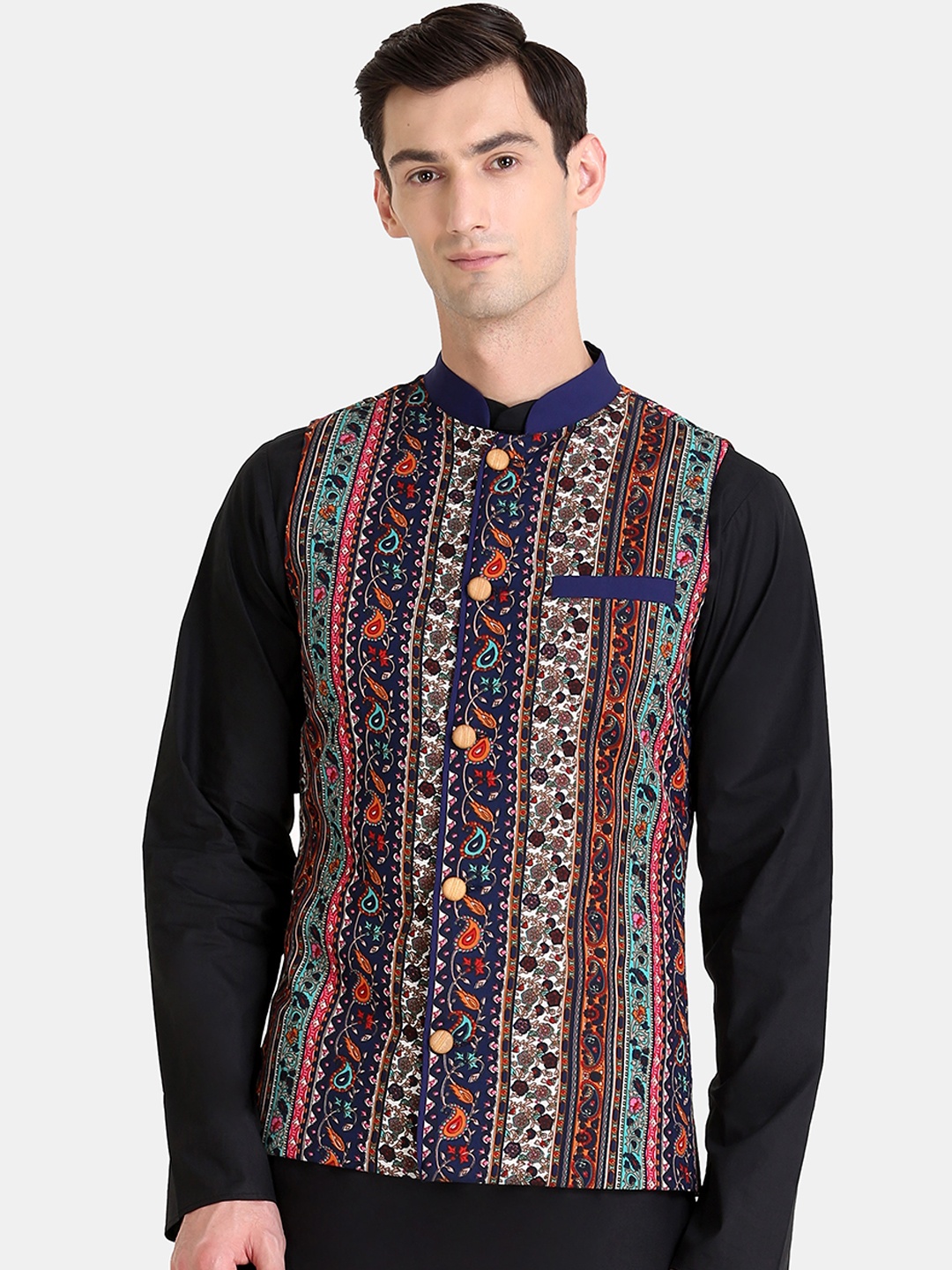 

Raas Men Navy Blue & Orange Printed Woven Nehru Jacket