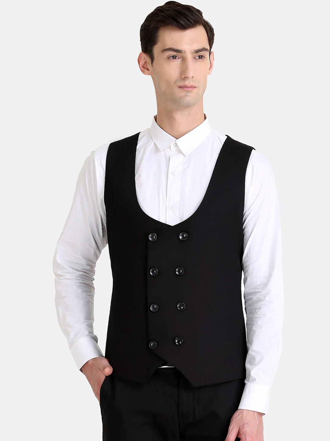 

Raas Men Black Solid Double Breasted Pure Cotton Waistcoat