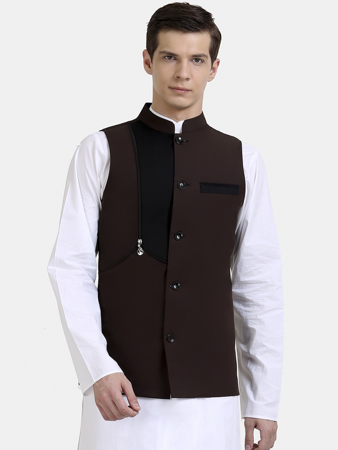 

Raas Men Brown Solid Woven Nehru jacket