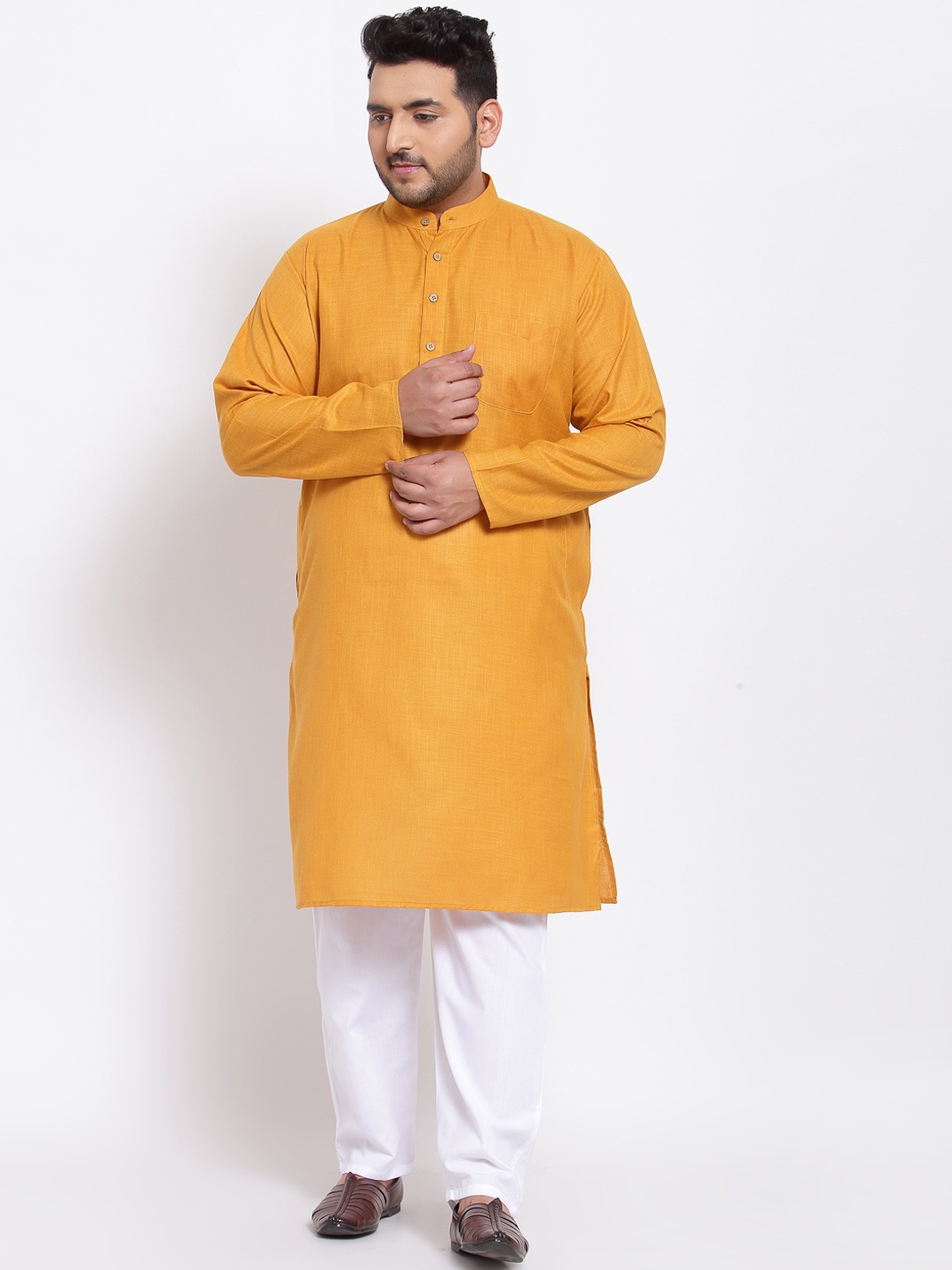 

plusS Men Mustard Yellow Striped Angrakha Pure Cotton Kurta with Pyjamas