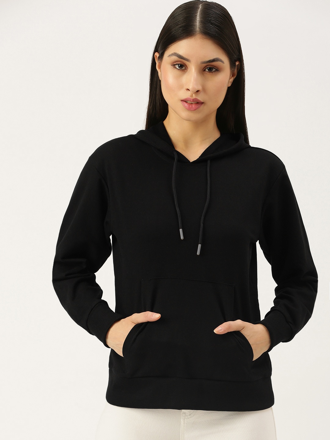 

FOREVER 21 Women Black Solid Hooded Pullover Sweatshirt