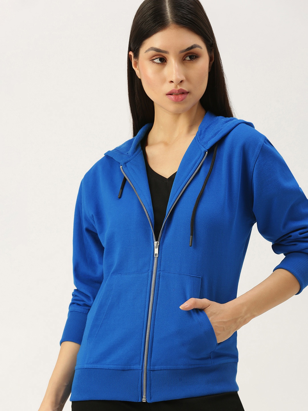 

FOREVER 21 Women Blue Hooded Front-Open Sweatshirt