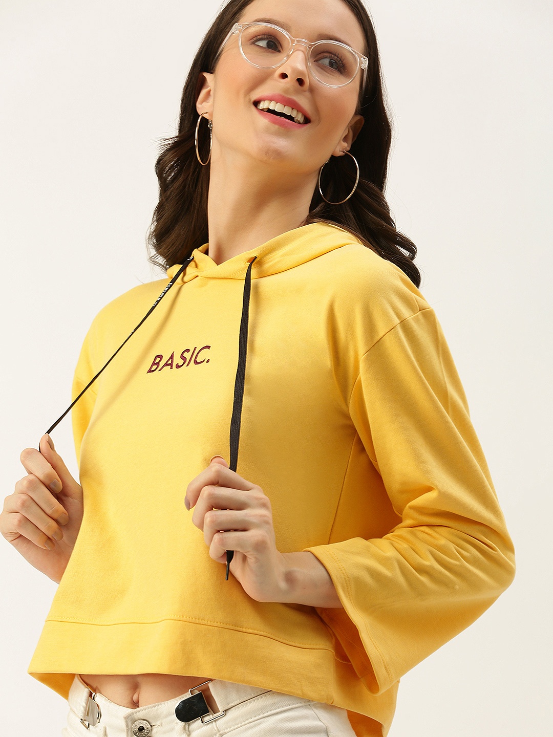 

FOREVER 21 Women Yellow Embroidered Crop Hooded Sweatshirt