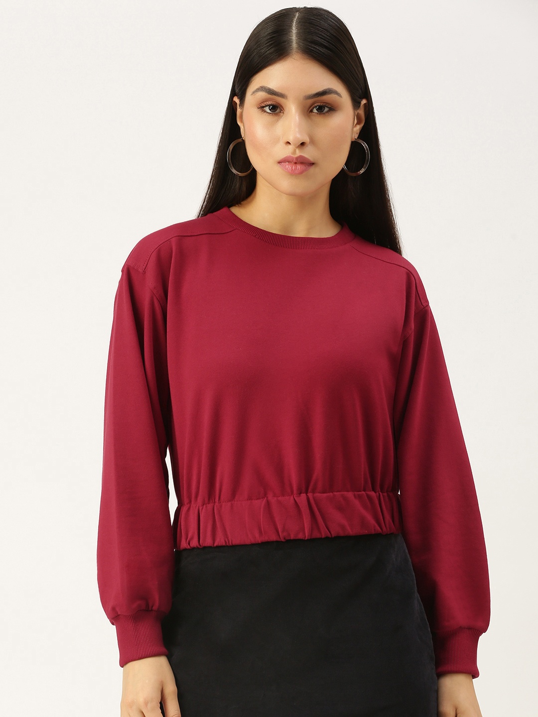 

FOREVER 21 Women Maroon Drop Shoulder Crop Sweatshirt