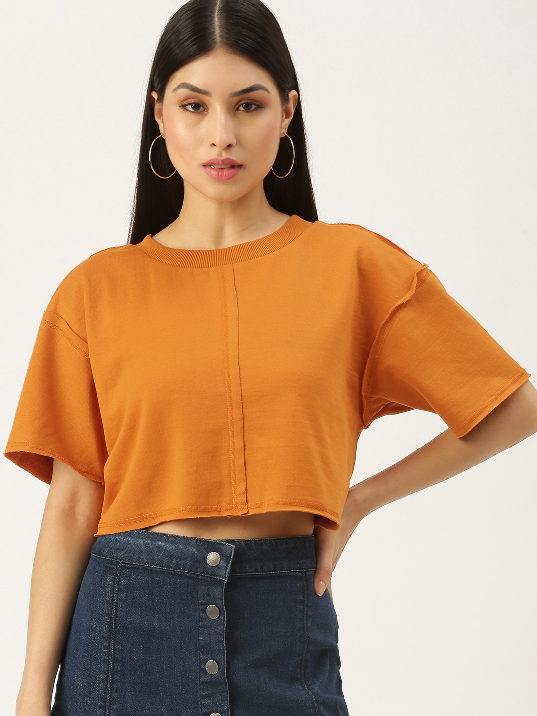 

FOREVER 21 Women Mustard Yellow Drop-Shoulder Sleeves Crop T-shirt