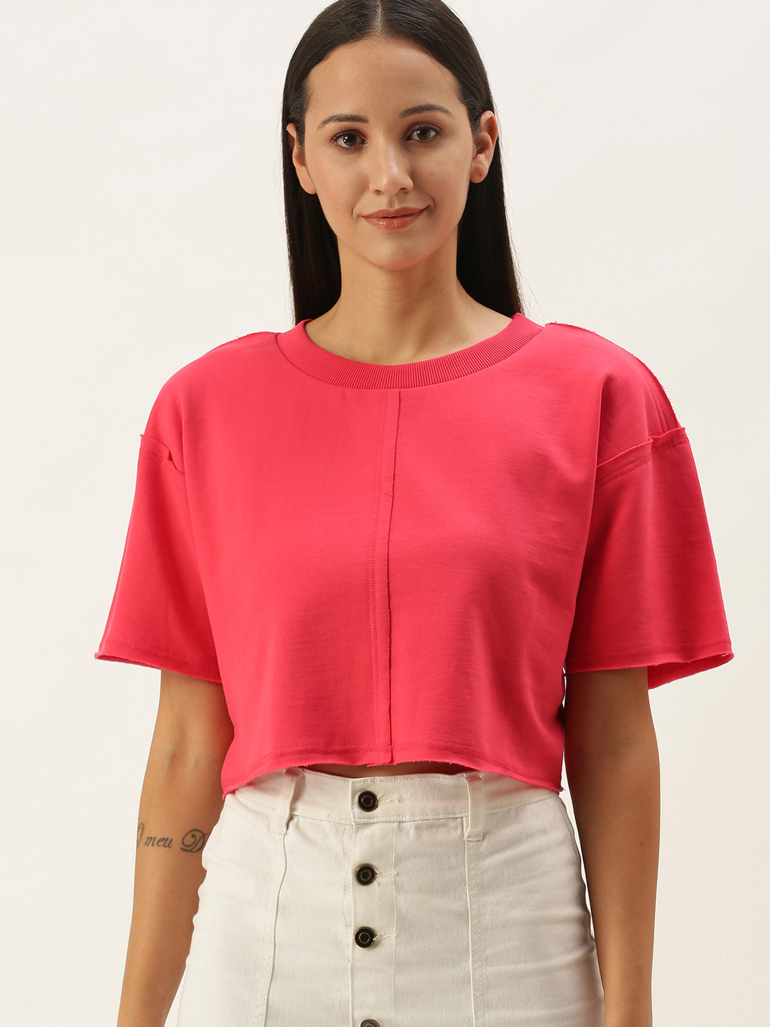 

FOREVER 21 Women Fuchsia Solid Round-Neck Crop Pullover Sweatshirt