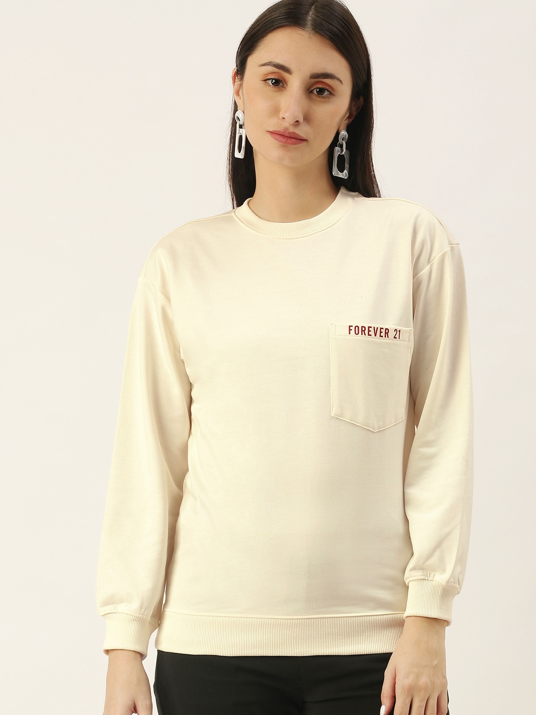 

FOREVER 21 Women Cream-Coloured Solid Sweatshirt
