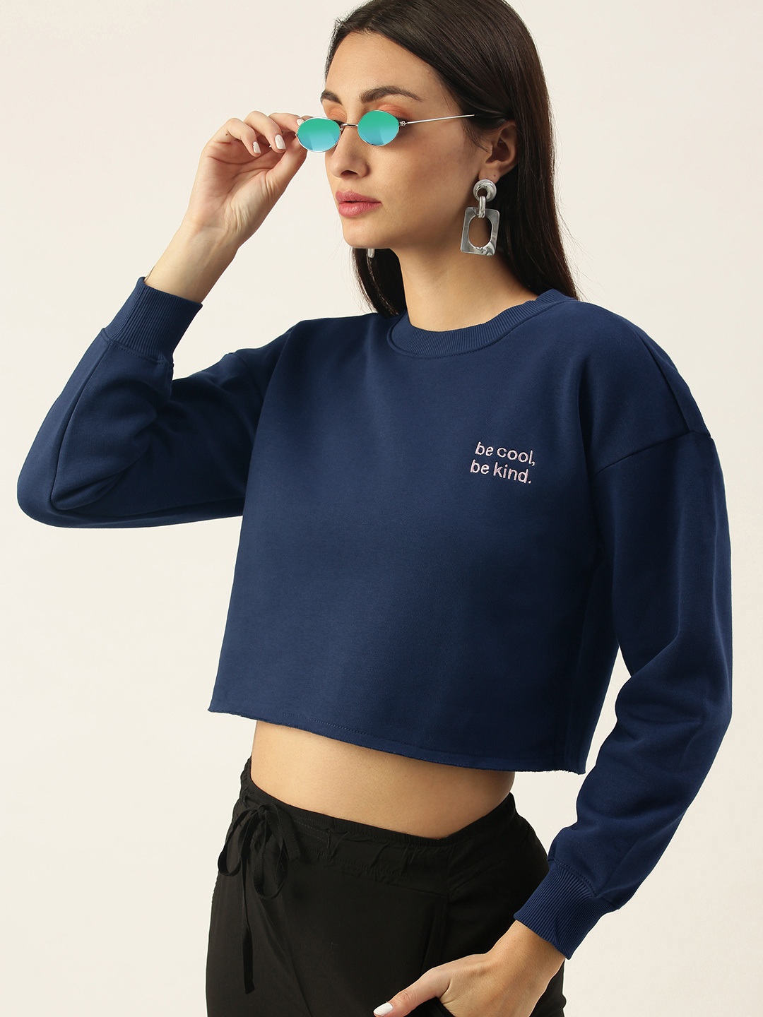 

FOREVER 21 Women Navy Blue & White Embroidered Sweatshirt