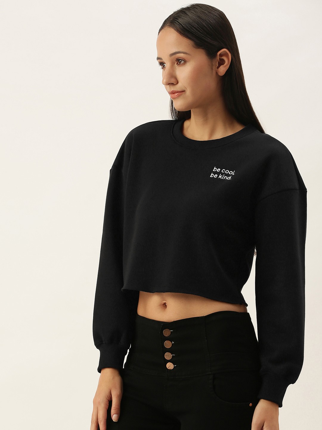 

FOREVER 21 Women Black Typography Printed Round-Neck Crop Pullover Sweatshirt