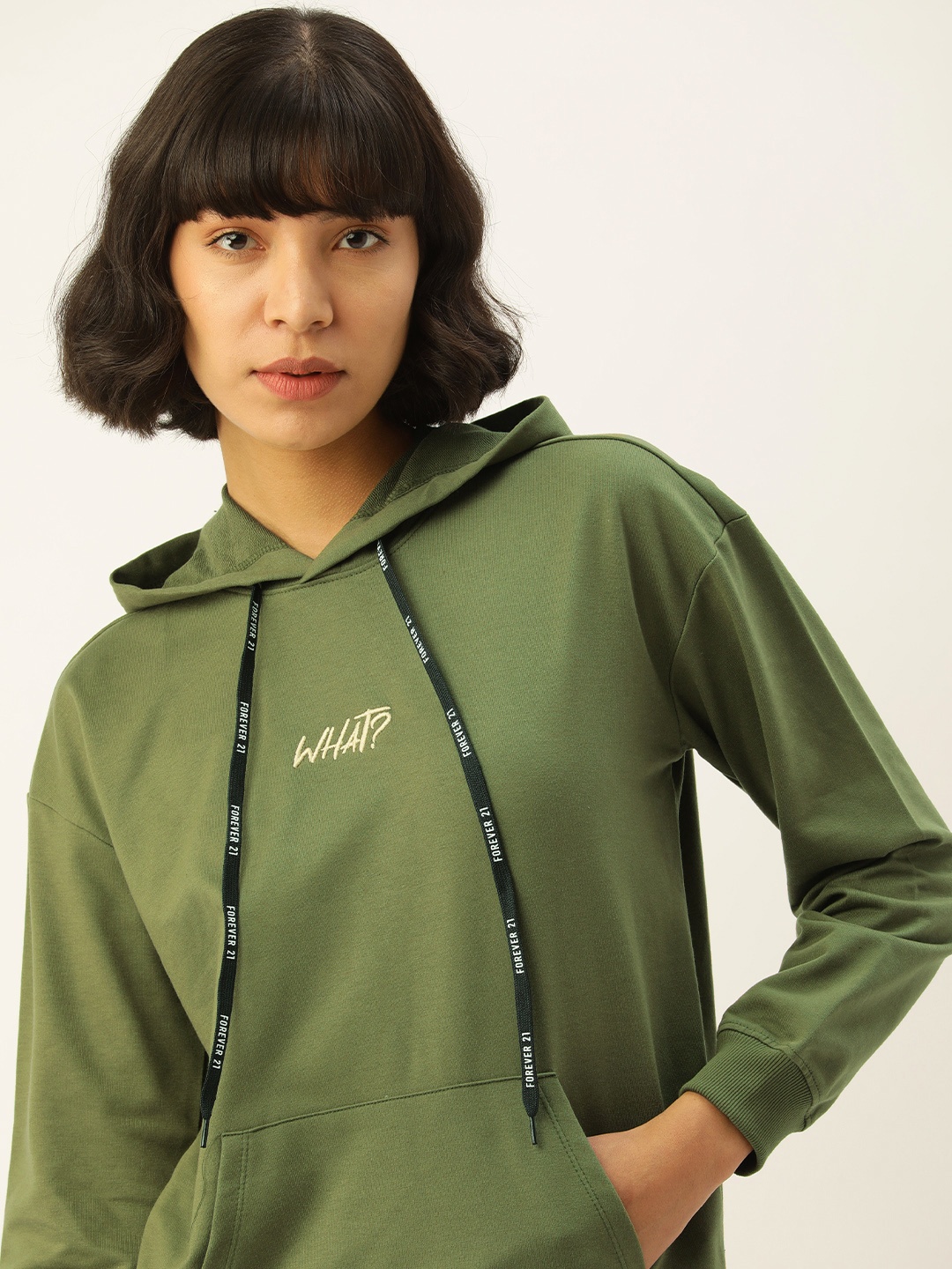 

FOREVER 21 Women Olive Green Solid Hooded Sweatshirt with Embroidered Detail