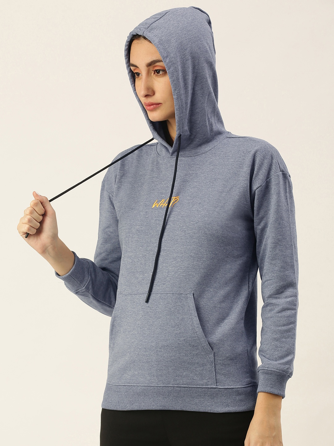 

FOREVER 21 Women Navy Blue & Yellow Embroidered Hooded Sweatshirt