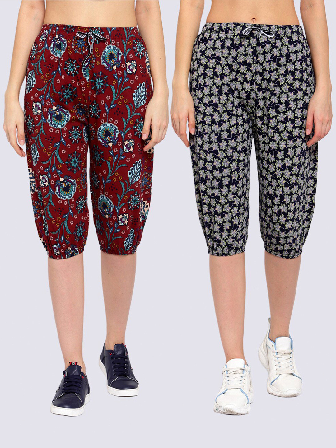 

KLOTTHE Women Red & Navy Blue Pack of 2 Printed Capris