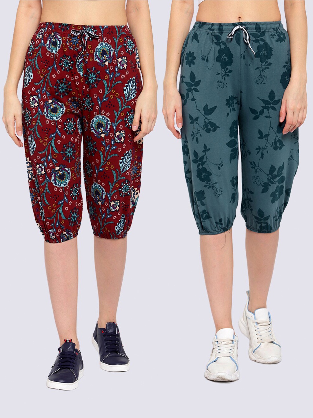 

KLOTTHE Women Pack of 2 Maroon & Teal Printed Pure Cotton Capris
