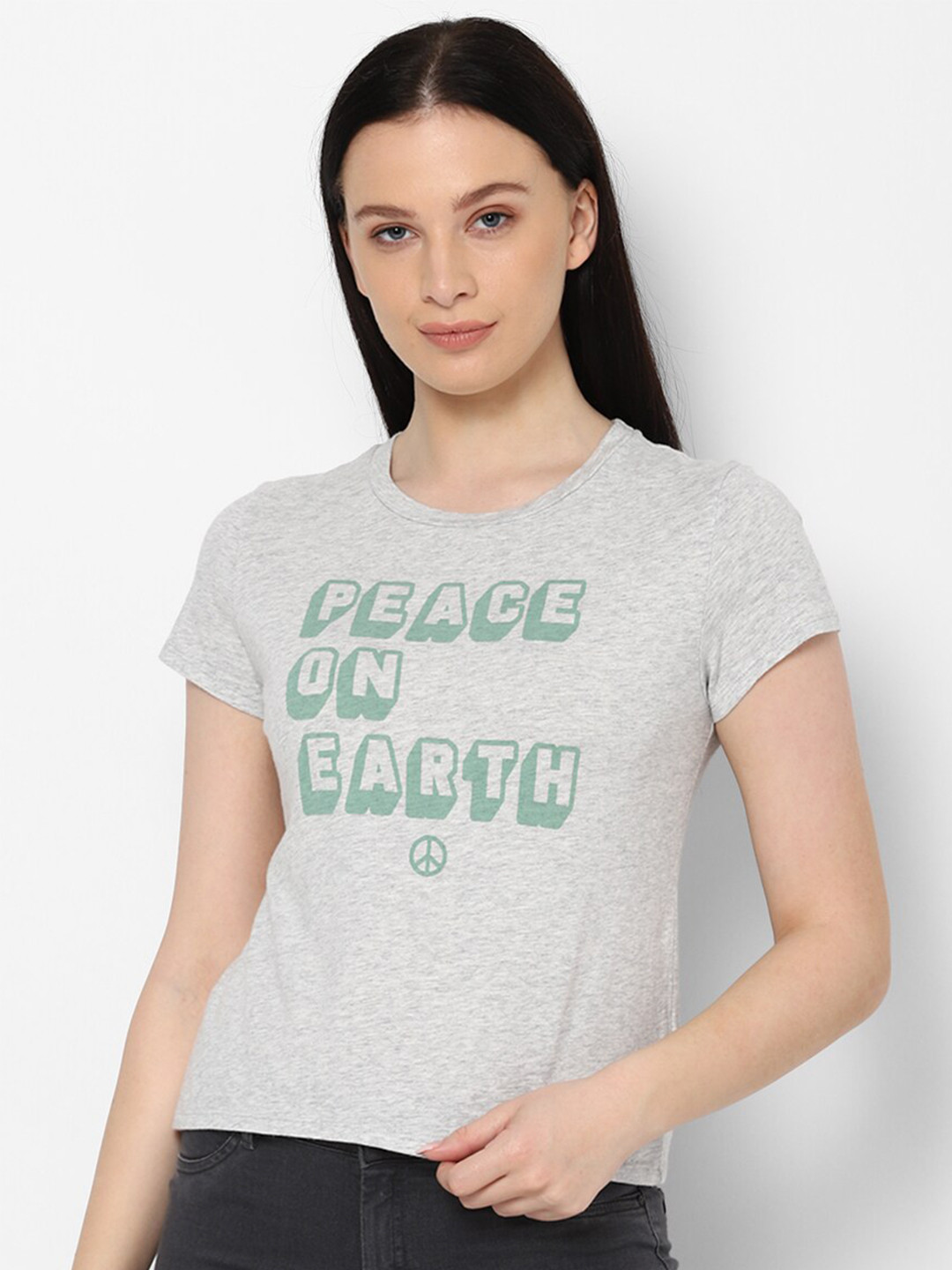 

AMERICAN EAGLE OUTFITTERS Women Grey Green Typography Printed Cotton Pure Cotton T-shirt